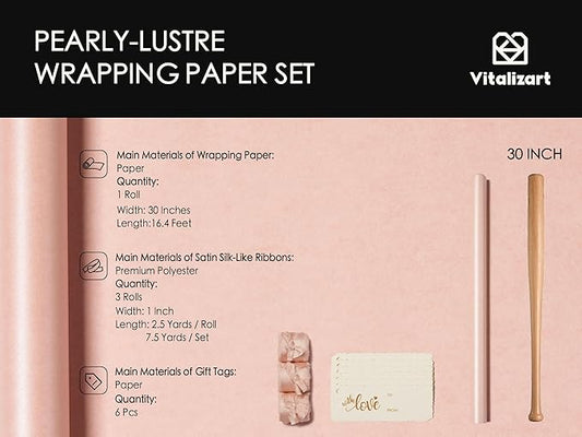 Vitalizart Pink Wrapping Paper Set 30" Pearly-Lustre With Silk Like Satin Ribbon & Gift Tags Recyclable Eco-Friendly Christmas Gift Wrapping Birthday Baby Shower Wedding Handmade Crafts 197"(16.4 Ft)