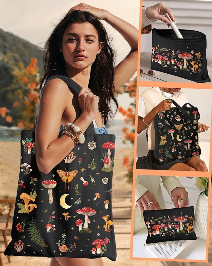 2 Pack Canvas Tote Bag - with Makeup Pouch Aesthetic Cute Women Reusable Canvas Bag for Shopping, Work, Travel