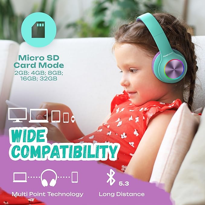PowerLocus PLED Kids Bluetooth Headphones, Kids Wireless Headphones with LED Lights, 74/85/94dB Safe Volume, Micro SD, AUX Cable, Hi-Fi Stereo, Built-in Mic Over Ear Kid Headphone for Travel/Tablet/PC