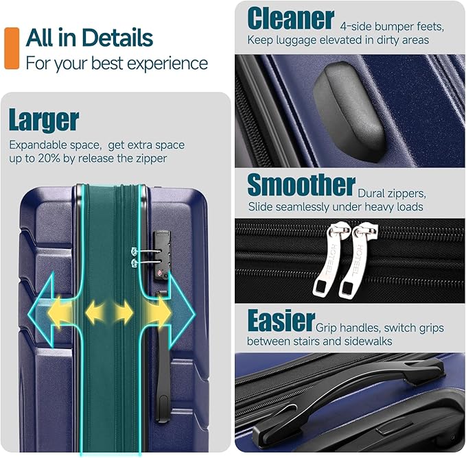 Hoteel Luggage Sets 5 Piece, ABS+PC Hard Shell Expandable Suitcases with Wheels, TSA Aproved Lock and Carry on Bags, Travel Suit Case Set for Men and Women, (5-Piece, Blue)