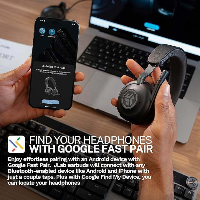 JLab Epic Work Wireless Headset with Microphone, Smart Active Noise Cancellation, Charging Hub, 90+ Playtime, Quick Mute, Bluetooth Headphones, Multipoint Connect, PC, Laptop, Mobile, (1 Pack)
