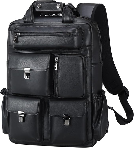 Masa Kawa Black Leather Backpack for Men 15.6 Inch Laptop Bag Multi Pockets Casual Work Business Travel Daypack