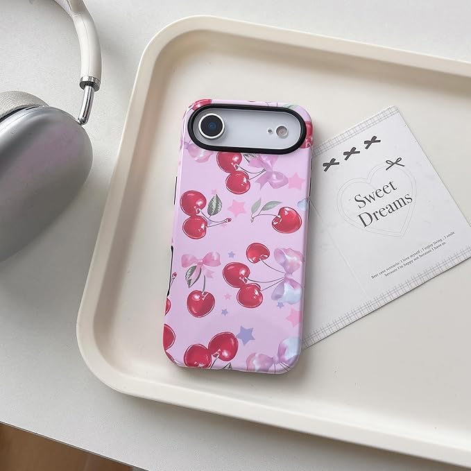 QLTYPRI Case for iPhone Air, Aesthetic Cute Pink Cherry Bow Phone Case for Girls Women, Protective Hybrid 2-Layer Hard Shell Silicone Cover Durable Shockproof Phone Cover - Pink