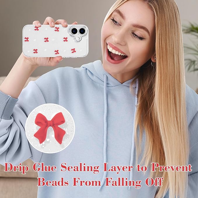 EYZUTAK Case for iPhone 17, Bling Glitter 3D Bowknot Phone Case Cute Sparkly Crystal Clear Bow Aesthetic Design Cover Slim Soft Durable TPU Transparent Protective Cover for Women Girl - Red Bow