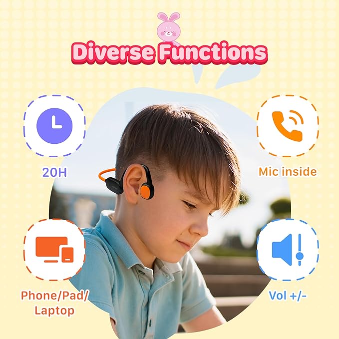 Kids Bluetooth Headphones Wireless Earbuds, Open Ear Headphones for Kids, Internal Mic, IPX5 Waterproof, 30g Lightweight & Robust, Air Conduction Non-in-Ear, 85dB Hearing Protection