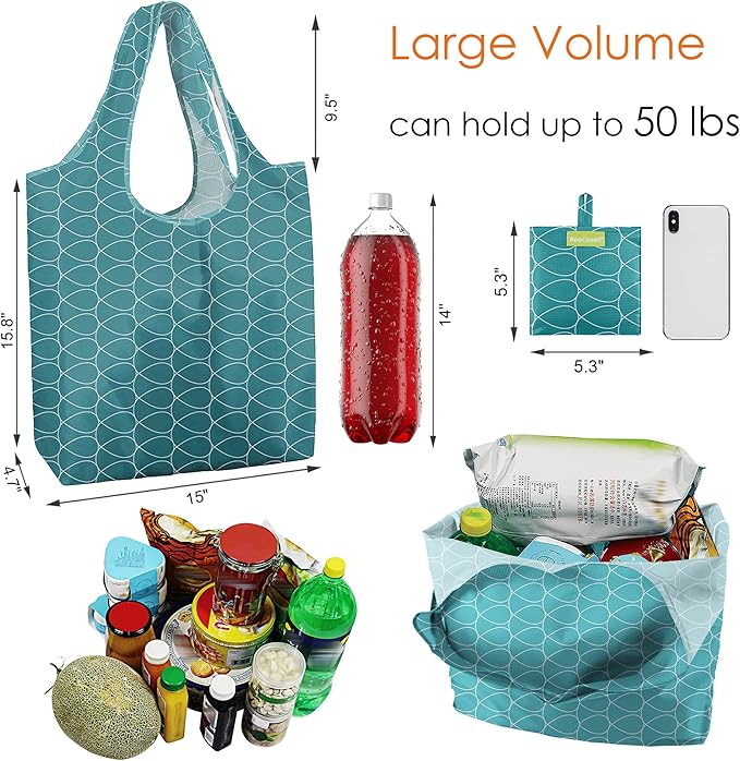 BeeGreen Large Tote Bag 6 Pack Reusable Grocery Bags Foldable - Bulk Machine Washable Ripstop Polyester Fabrics Grocery Bag - Reusable Shopping Bags for Women Travel Storage (Geometry Design)