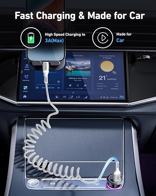 Coiled USB to USB C Cable for Car 3FT/6FT, USBC Cables Fast Charging Braided USB-A to USB-C Phone Charger Cord USB Type C Cable for iPhone 17 16 15 Pro Max, Samsung Galaxy S24 S23-2Pack Silver