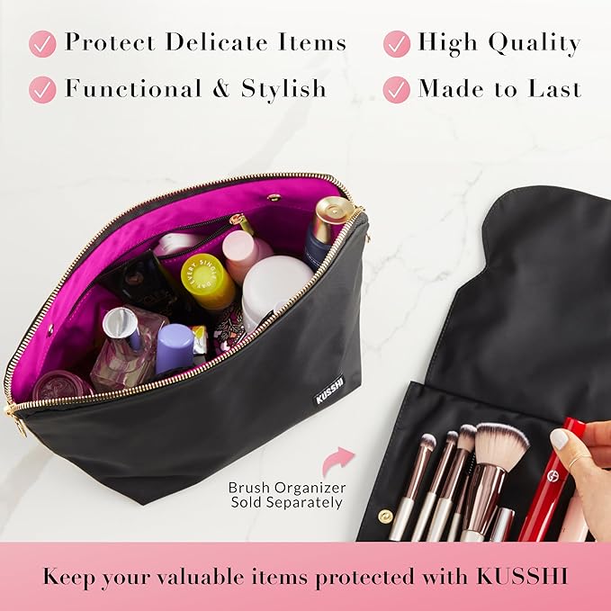 KUSSHI Washable Travel Makeup & Cosmetic Bag - Brush Organizer Sold Separately (Signature, Satin Black/Pink)