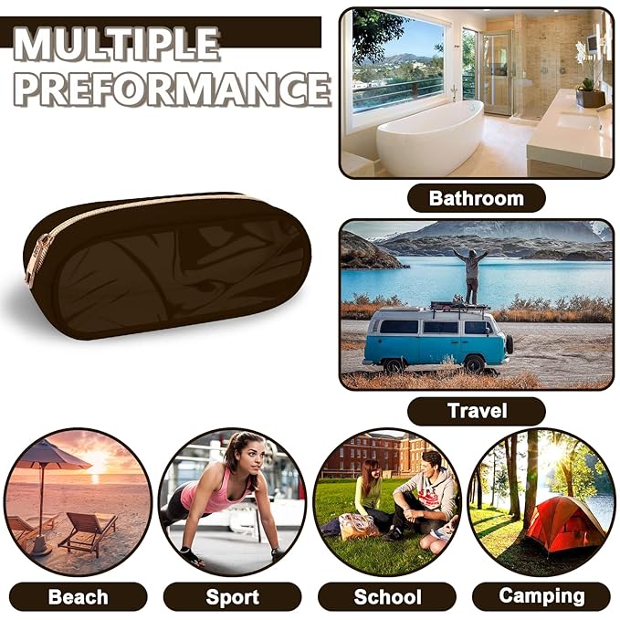 Clear Small Pencil Pouch Makeup Bag for Purse,Nylon&PVC Pencil Case Waterproof Makeup Brush Holder with Zipper,Preppy Transparent Pen Bag Travel Cosmetic Bag for Women Office(Slim-Chocolate)