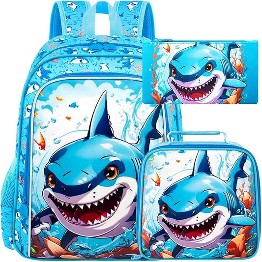 CCJPX 3PCS Shark Backpack for Boys, 16 Inch Kids Water Resistant Preschool Bookbags, Cool Kindergarten School Backpacks and Lunch Box