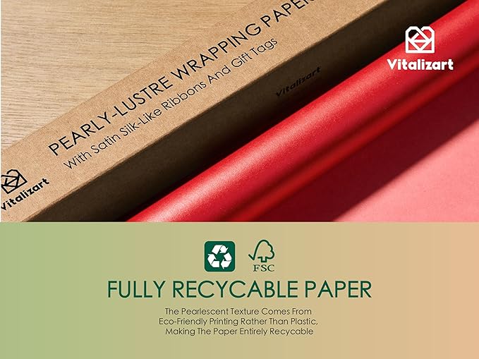 Vitalizart Red Wrapping Paper Set 30" Pearly-Lustre With Silk Like Satin Ribbon & Gift Tags Recyclable Eco-Friendly Christmas Gift Wrapping Birthday Baby Shower Wedding Handmade Crafts 197"(16.4 Ft)