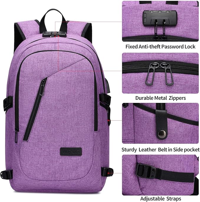 Laptop Backpack for Women,Business Backpack Anti-Theft Backpack with USB Charging Port and Lock 15.6 Inch Computer Backpacks for Women Men,Purple