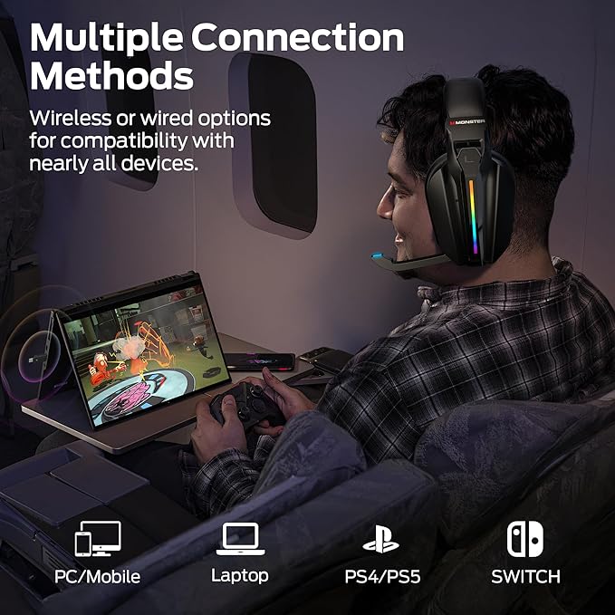 Monster Mission ANC200 Wireless Gaming Headset, 7.1 Virtual Surround Sound, ANC, Stealth Retractable Mic, 70HRS Battery, 2.4GHz or BT, for PC, PS5, Mobile, 3.5mm Audio Jack (Black)