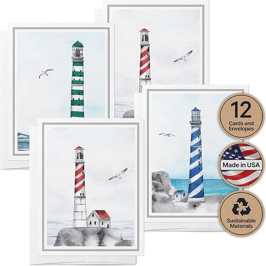 Twigs Paper - 12 Nautical Lighthouse Note Cards - Greeting Cards for All Occasions - 3 Different Design Pack With Envelopes - Personalized Thank You Cards - Made in USA (5.5 x 4.25 inches,Set of 12)