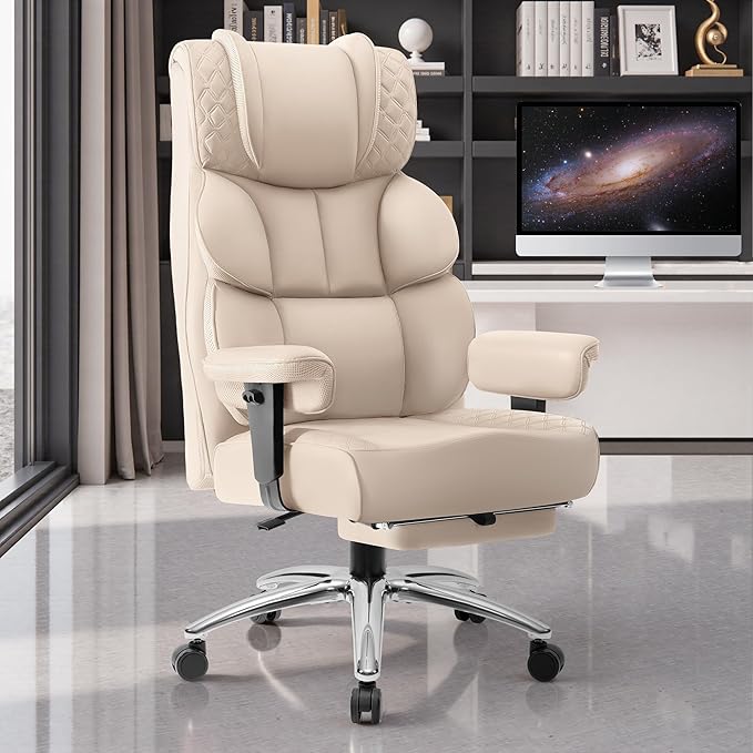 Office Desk Chair, Big and Tall Leather Gaming Chair with Footrest, Wide Ergonomic Comfy Executive High-Back Reclining Computer Chairs, Swivel Rolling Wheels and Padded Lumbar Support, Beige