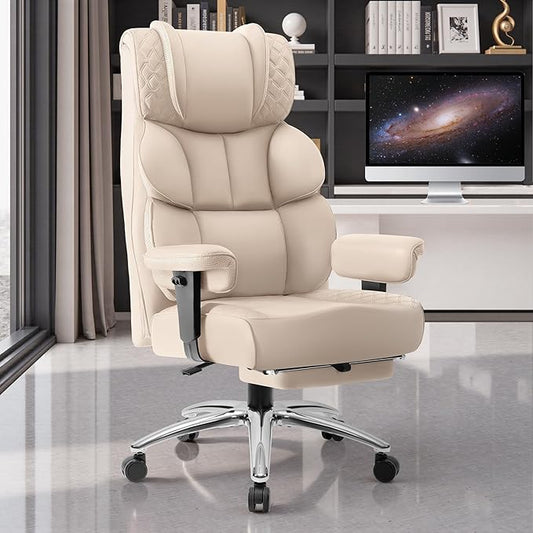 Office Desk Chair, Big and Tall Leather Gaming Chair with Footrest, Wide Ergonomic Comfy Executive High-Back Reclining Computer Chairs, Swivel Rolling Wheels and Padded Lumbar Support, Beige