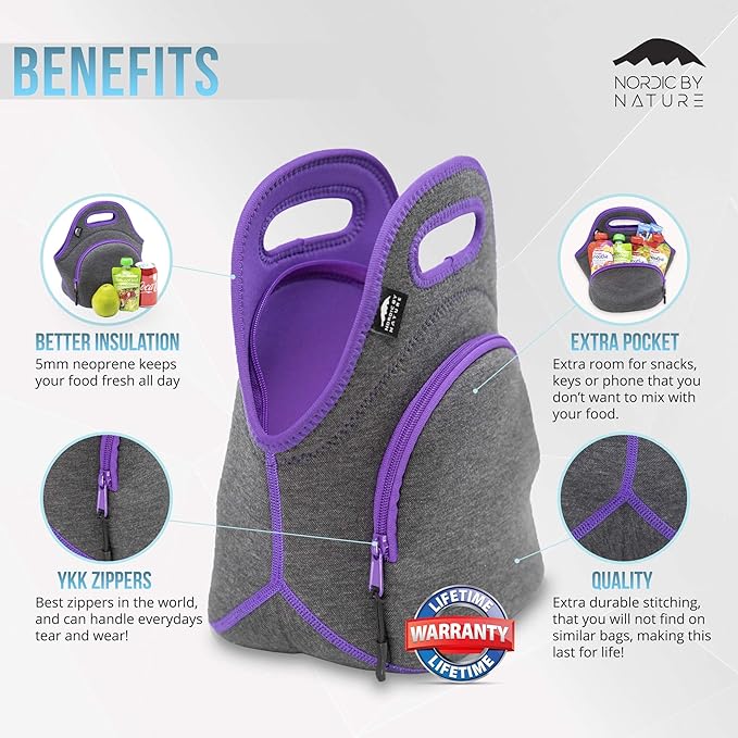 Nordic By Nature Neoprene Lunch Bag for Women & Lunch tote for Kids Insulated Lunch bag Reusable Washable Extra Thick Neoprene & Soft Cotton Feel, Premium Stitching, Outside Pocket, (M) Purple