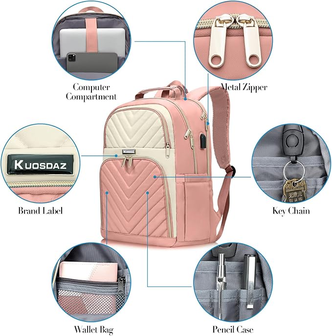 Backpack for Women, School Backpacks for Teen Girls, Stylish Cute Laptop Backpack, Teacher Student College Bookbags with USB Charging Port, Beige & Pink