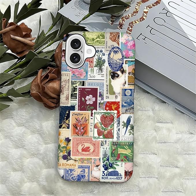 Case for iPhone 16 Plus,Vintage Stamp Collage for Woman Men Full Body Protective Cover Shockproof 2 in 1 Silicone + Hard PC Case for iPhone 16 Plus