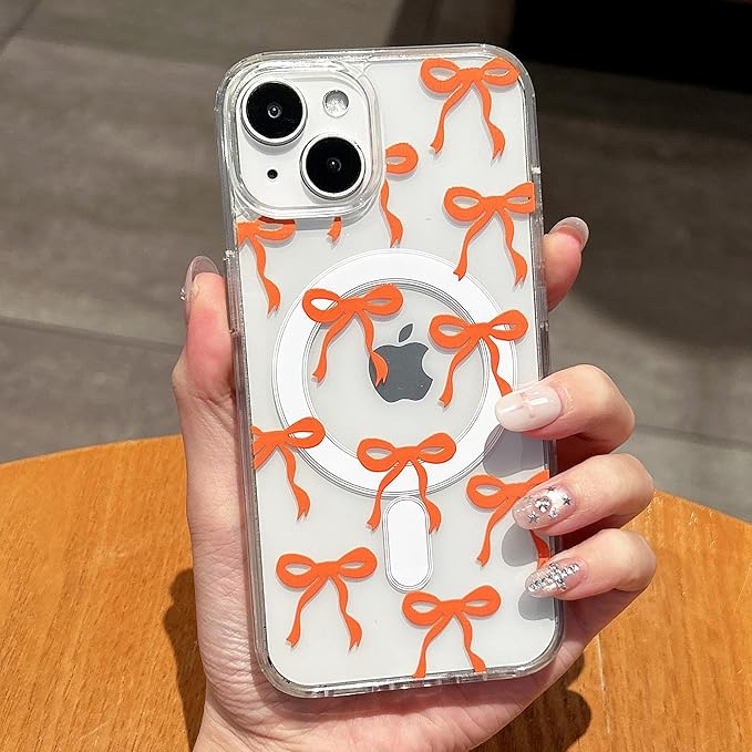 UEEBAI Magnetic for iPhone 16 Pro Case, Bow Case Compatible with MagSafe, Wireless Slim Clear Ribbon Aesthetic Phone Cover Anti-Yellowing Shockproof Protective Cover for Women Girl - Orange