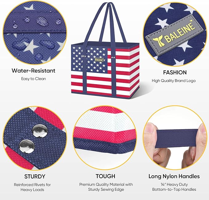 BALEINE 3Pk Reusable Grocery Bags, Foldable Shopping Bags for Groceries with Reinforced Bottom & Handles (Patriot Celebration)
