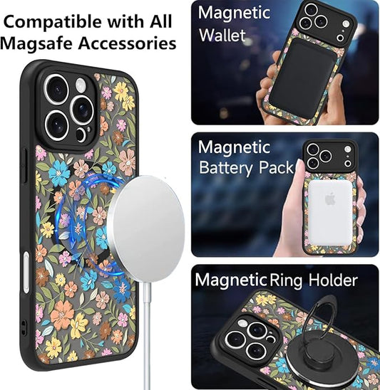 KANGHAR Case Compatible with iPhone 16 Pro Max Flower Pattern [Compatible with Magsafe] Cute Colorful Blooming Florals Protective Magnetic Case for Girls Women 6.9"