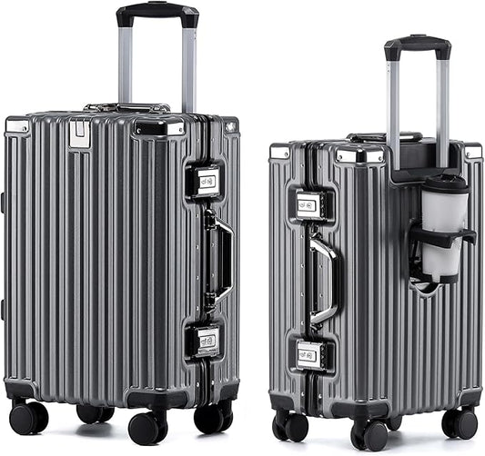 HotWay 24 Inch Aluminum Frame Luggage with Spinner Wheels, PC Hard Shell Suitcase with Cup Holder, Zipperless Luggage for Business Travel, Gray