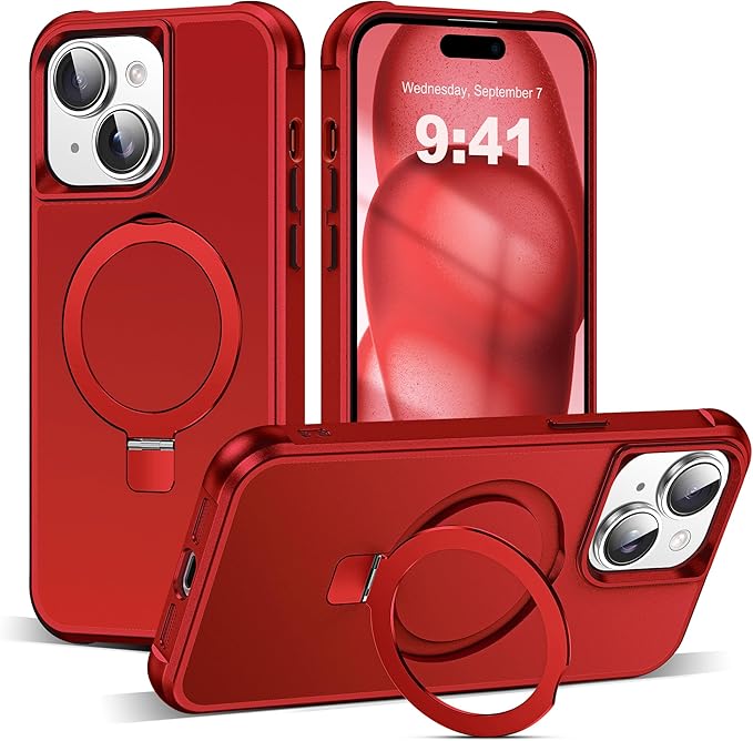 Compatible with iPhone 15 Case with Invisible Magnetic O-Ring Stand Military-Grade Case for iPhone 15 6.1" [Compatible with Mag-Safe][Great Grip Feeling], Red