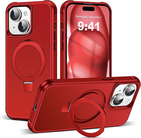 Compatible with iPhone 15 Plus Case with Invisible Magnetic O-Ring Stand Military-Grade Case for iPhone 15 Plus 6.7" [Compatible with Mag-Safe][Great Grip Feeling], Red