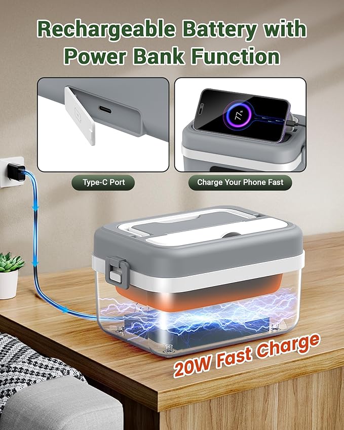 ODSD Cordless Electric Lunch Box for Adults, 16000mAh Rechargeable Self-Heating Lunch Box Food Warmer with Timer & Adjustable Heating, 34oz/1L Container with Insulated Bag for Office Car Outdoor