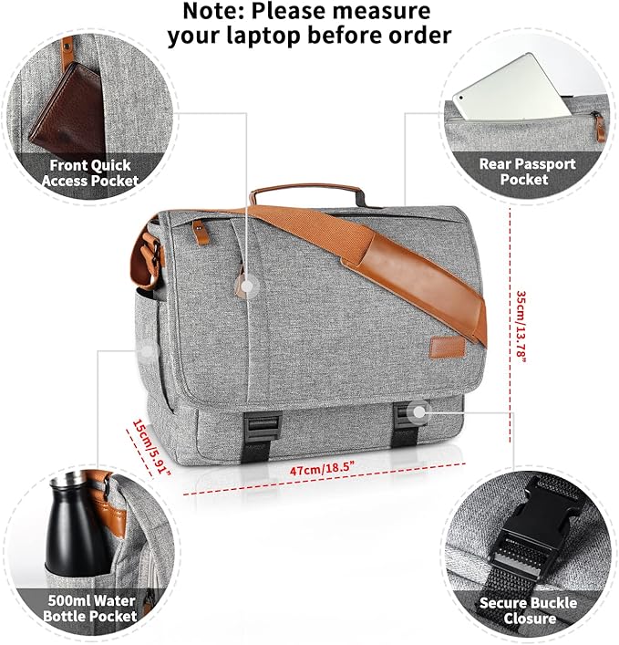ESTARER Messenger Bag 17-17.3 Inch, Men's Computer Bag Water-resistant Canvas, Laptop Shoulder Bag for Travel Work College, Light Grey