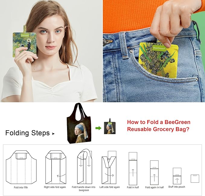 BeeGreen Oil Painting Reusable Grocery Bags 6 Pack, Heavy Duty Totes for Women, Foldable Grocery Bag Large Shopping Totes with Handles for Work, Travel, Gift, Polyester Washable Reusable Tote Bag