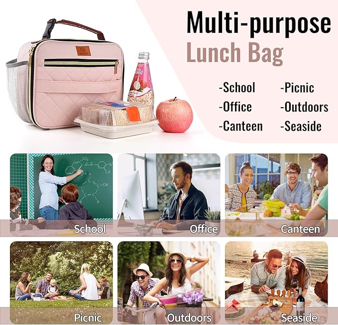 Genteen Lunch Box for Women Adults Girls - Insulated LunchBox Reusable, Zip Closure & Buckle Handle, Portable Cooler for Work, School, Travel (Pink)