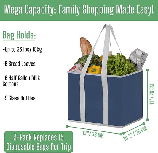 VENO 3 Pack Reusable Grocery Bags, Shopping Bags for groceries, Utility Tote with Handles and Hard Bottom, Foldable Shopping Cart Organizer, Heavy-Duty (Dark Blue, 6 Gallon-3 Pack)