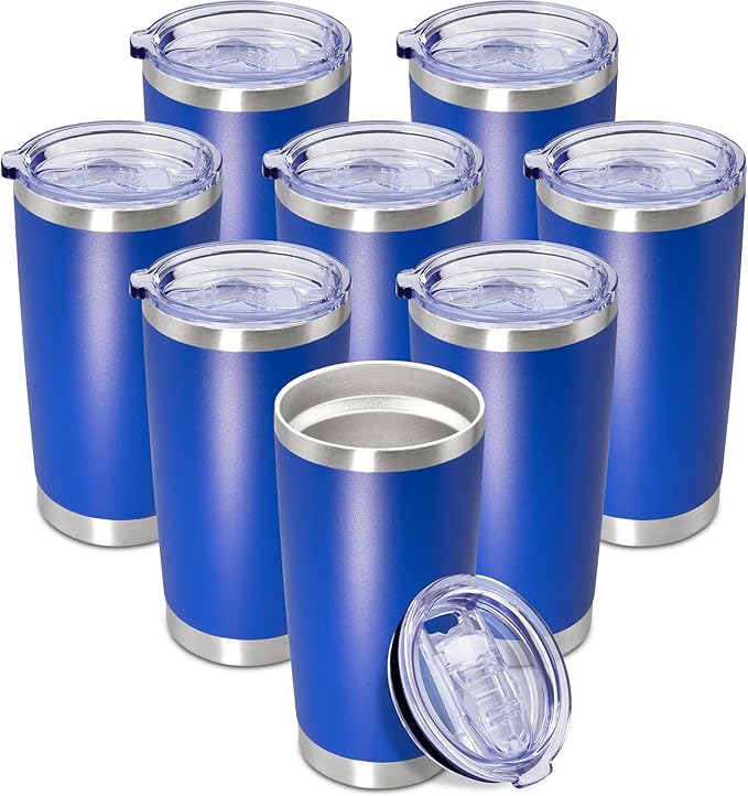 20 oz Tumbler Coffee Tavel Tumblers Bulk with Lid Stainless Steel Double Wall Vacuum Insulated Mug Powder Coated Cups fit Car Cupholder for Hot and Cold - Dark Blue, 8Pack
