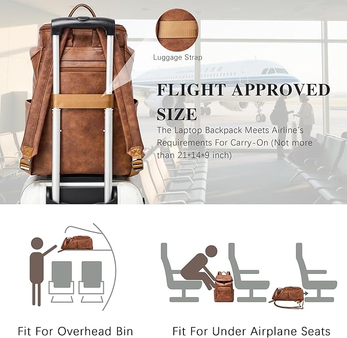 Leather Laptop Backpack for Women, 15.6 Inch Travel Backpack with Laptop Compartment, Casual Daypack Fashion Travel Backpack Purse for Travel College Work, Brown