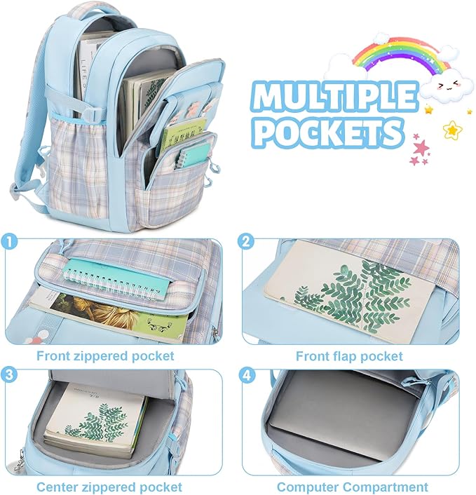 Backpack for Girls, 3PCS Kids Girls Backpacks with Lunch Bag Pencil Case for School, Cute Bookbag Teens Backpack for Kindergarten Preschool Elementary Middle School, Blue