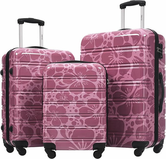 Merax Luggage Sets 3 Piece, Hardside Suitcase Set with Spinner Wheels, Lightweight Printing Luggage Carry on,20+24+28 IN,Purple Pink
