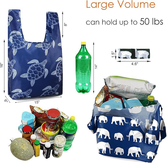 BeeGreen Reusable Grocery Bags 6 Pack - Foldable, Heavy Duty Shopping Tote Bags with Zipper Pouch, Large Capacity (50+ Lbs), Animal Prints Designs for Women & Men, Machine Washable
