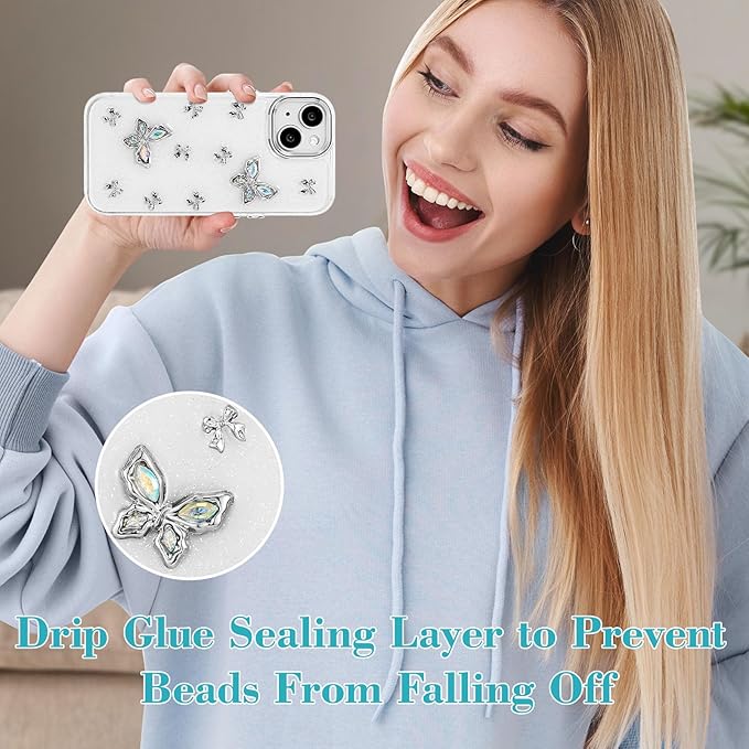 EYZUTAK Case for iPhone 14 Plus, Bling Glitter 3D Butterflies Bowknot Phone Case Cute Crystal Clear Bow Aesthetic Case Slim Soft Durable TPU Transparent Protective Cover for Women Girls - Butterfly