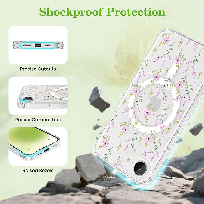 ZTOFERA for iPhone 16e Magnetic Case Compatible with Magsafe, Aesthetic Floral Pattern Design Cute for Girl Women,Anti-Drop Protective Hard Phone Cover for iPhone 16e-Pink Flower