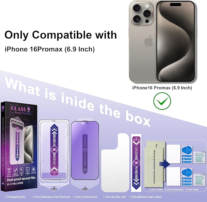 2 Pack Anti Blue Light Matte Screen Protector for iPhone 16 Pro Max 6.9-Inch Auto Dust Removal, No Bubbles, Tempered Glass Film, Easy Installation