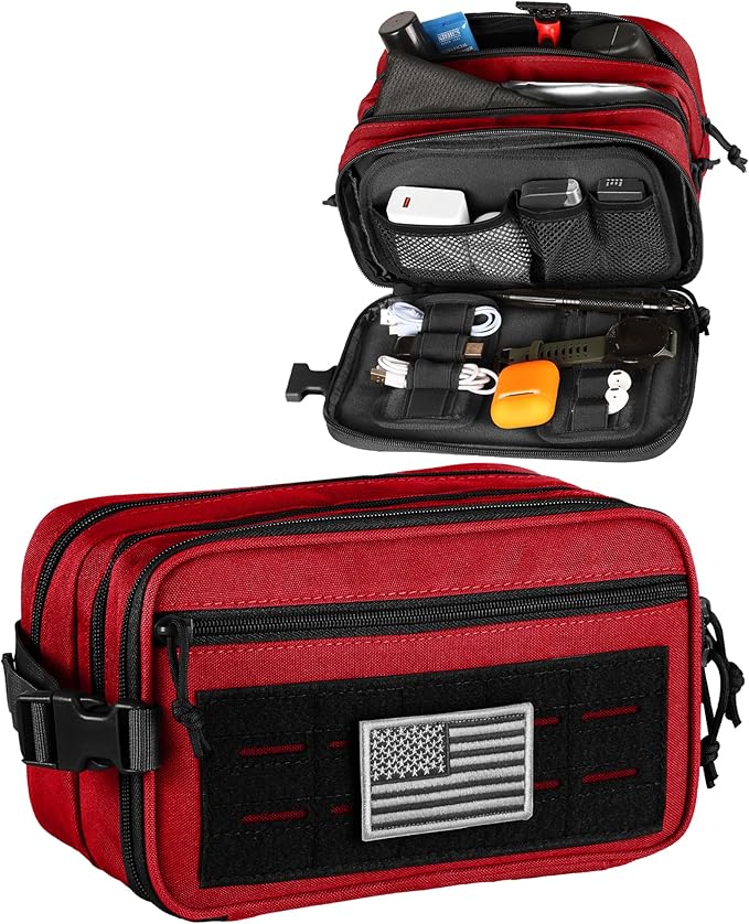 DBTAC Tactical Toiletry Bag w/Electronic Organizer Compartment | Dry/Wet Separate Hygiene Bag, Expanded Travel Dopp Kit Shaving Kit Travel shower Bag for Men (Red)