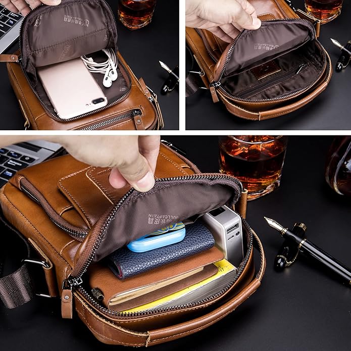 LUKZIJAES Small Genuine Leather Shoulder Bag Men Messenger Handbag Lightweight Sling Crossbody Bag