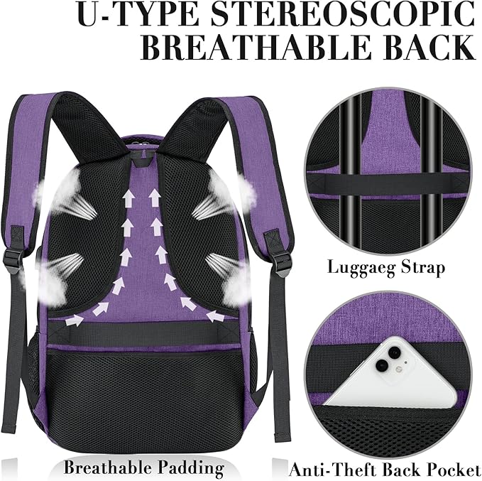 BIKROD Backpack for Women and Men, Extra Large School Backpacks for Teens, Water Resistant Back Pack with USB Charging Port Fits 17 Inch Laptop, Business Anti Theft Sturdy Computer Bag Gifts, Purple