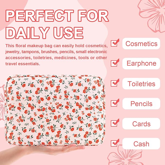 Waterproof Large Floral Makeup Pouch,Nylon Travel Toiletry Storage Purse Preppy Cosmetic Bag for Women Girl,Large Capacity Makeup Organizer Zipper Pouch for Work(L Pink-Flowers)