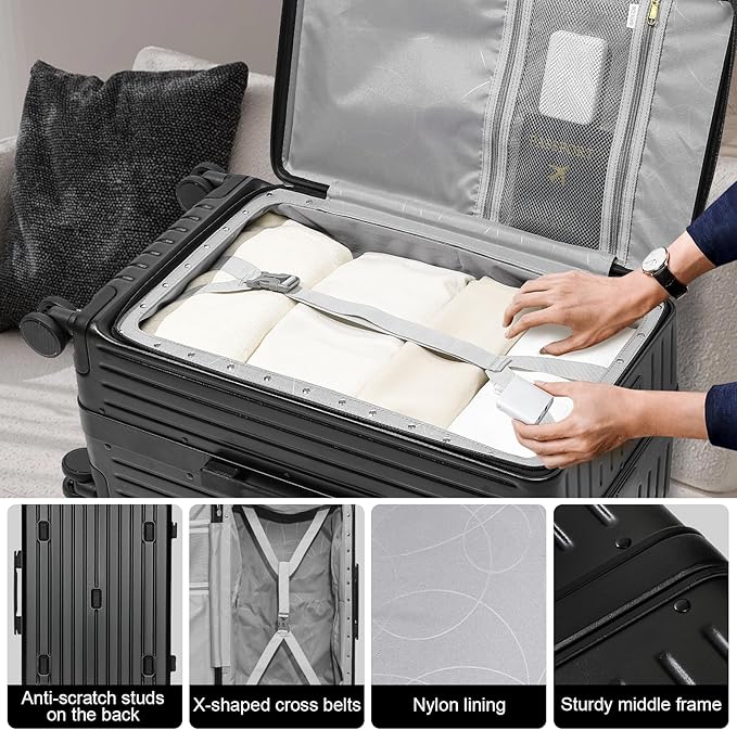 Joyway Hardshell 24 inch luggage with spinner wheels, Lightweight Hardside large checked withTSA Lock (Black, Checked Luggage-24 Inch)