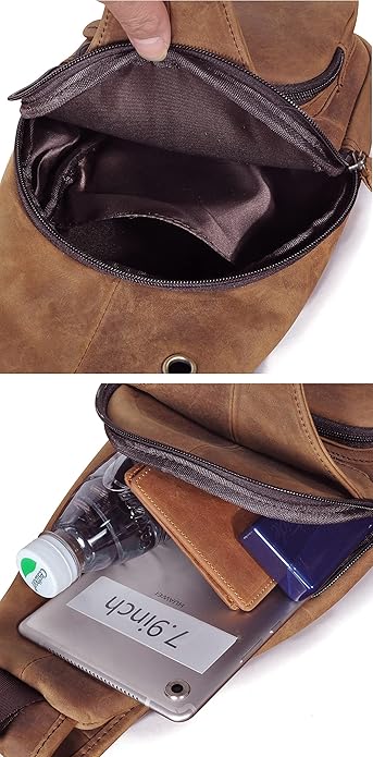Le'aokuu Men Fashion Casual Tea Designer Travel Hiking Crossbody Chest Sling Bag Rig One Shoulder Strap Bag Men Leather 8015