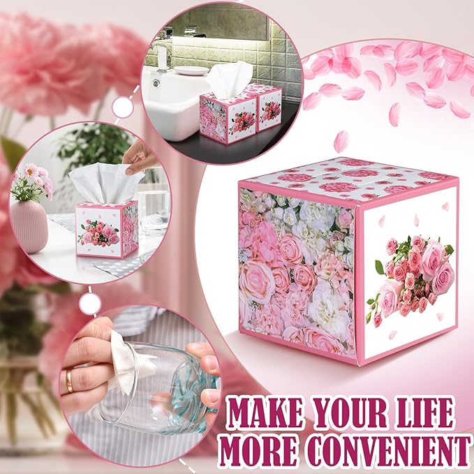12 Pack Summer Rose Floral Facial Tissues Cube Boxes 600 Sheets 3 Ply Pink Small Square Flower Face Tissues Bulk for Summer Car Bedroom Supplies