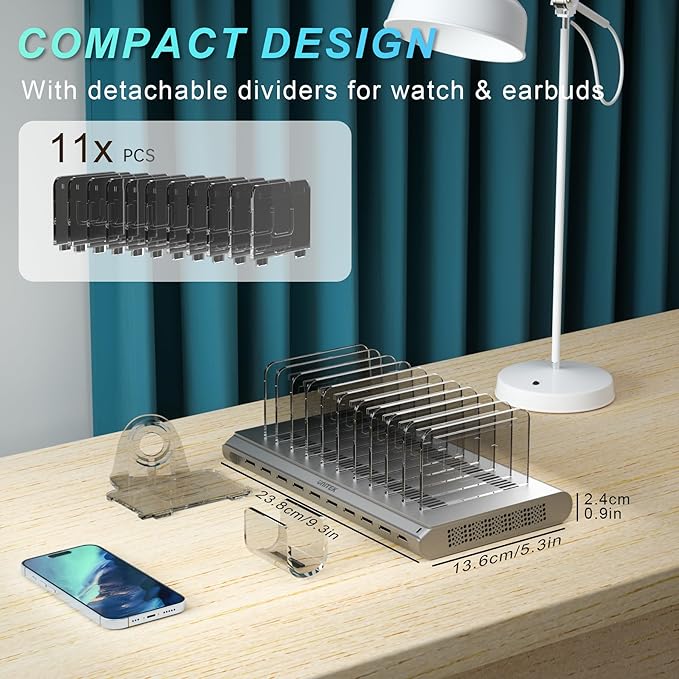 Unitek Multi iPad Charging Station - 10 Port USB Charging Station for Multiple Devices, Fast Charging Dock Cell Phone Organizer for iPhone, iPad, Android, Tablets - Silver